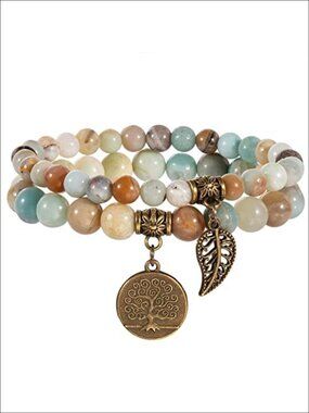 Natural Semi Precious Gemstone Beaded Bracelet Set Life Tree Leaf Charm Stretch